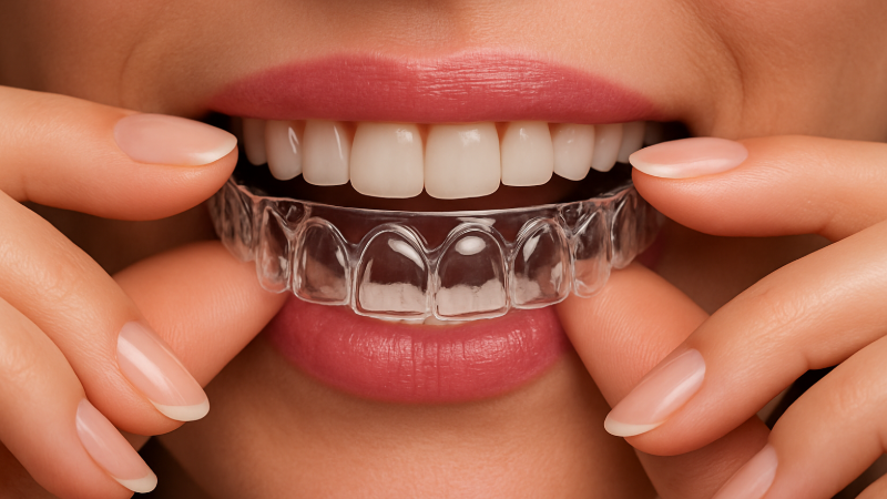 Close-up of a patient wearing clear aligners at Freeman Orthodontics in Plantation, FL.