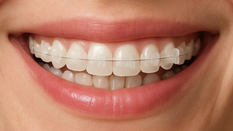 Close-up of a patient wearing clear braces at Freeman Orthodontics in Plantation, FL.
