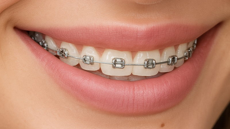Close-up of a patient wearing metal braces at Freeman Orthodontics in Plantation, FL.